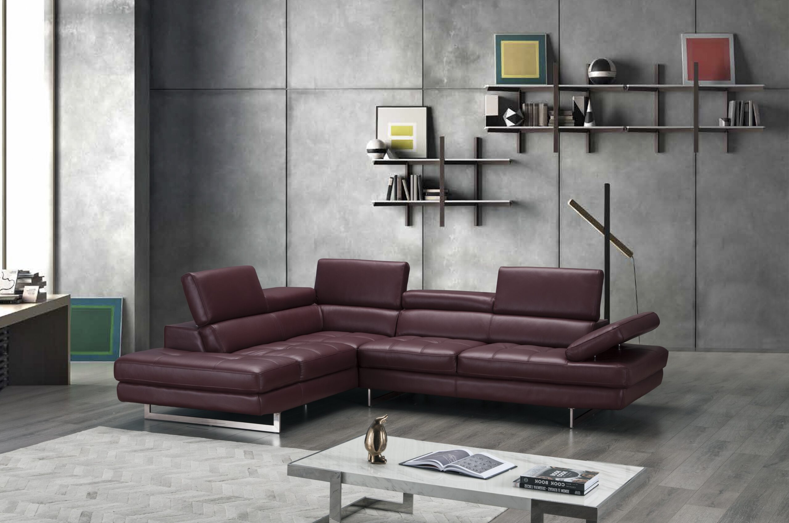 A761 Italian Leather Sectional Maroon In Left Hand Facing