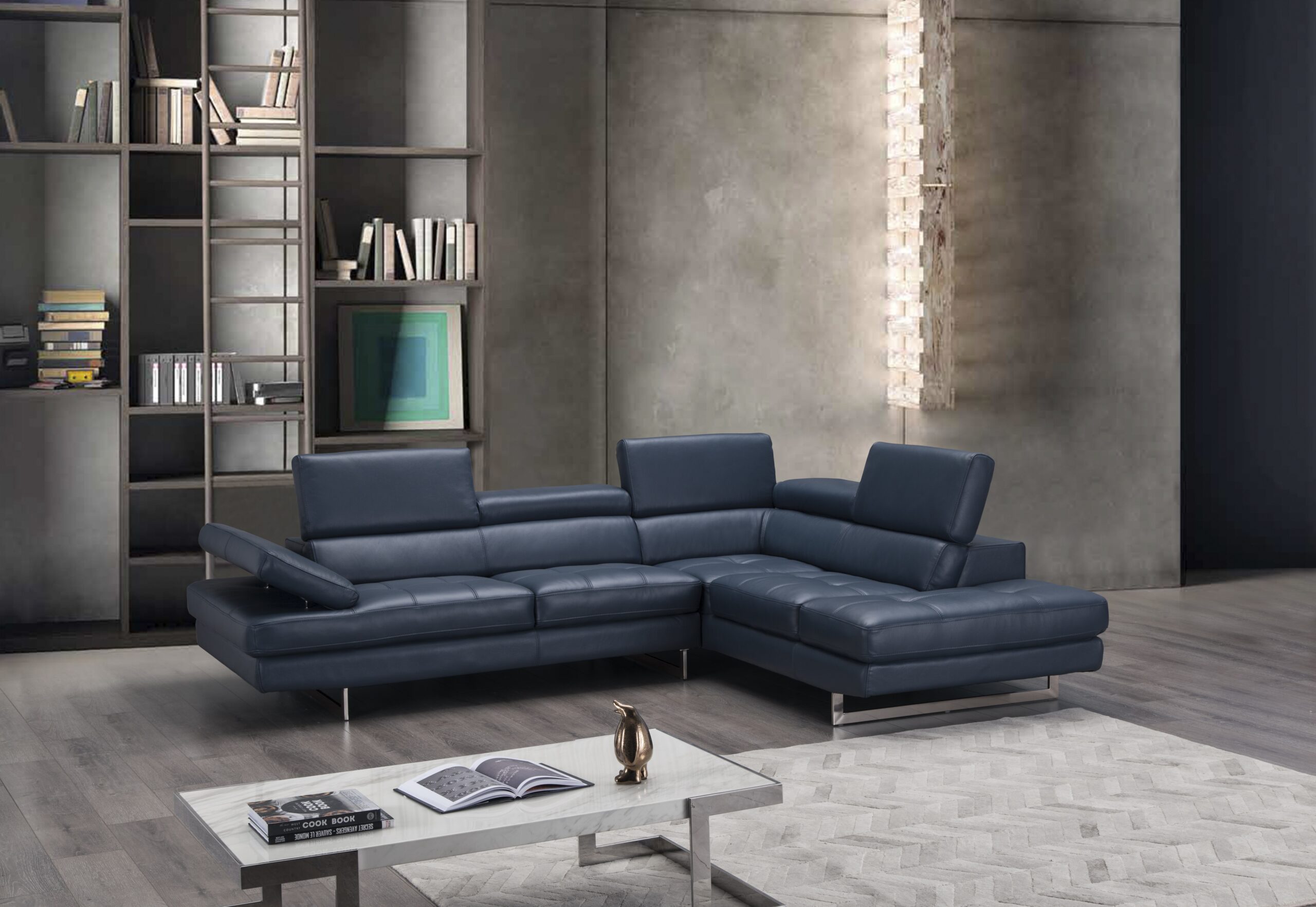A761 Italian Leather Sectional Blue In Right Hand Facing