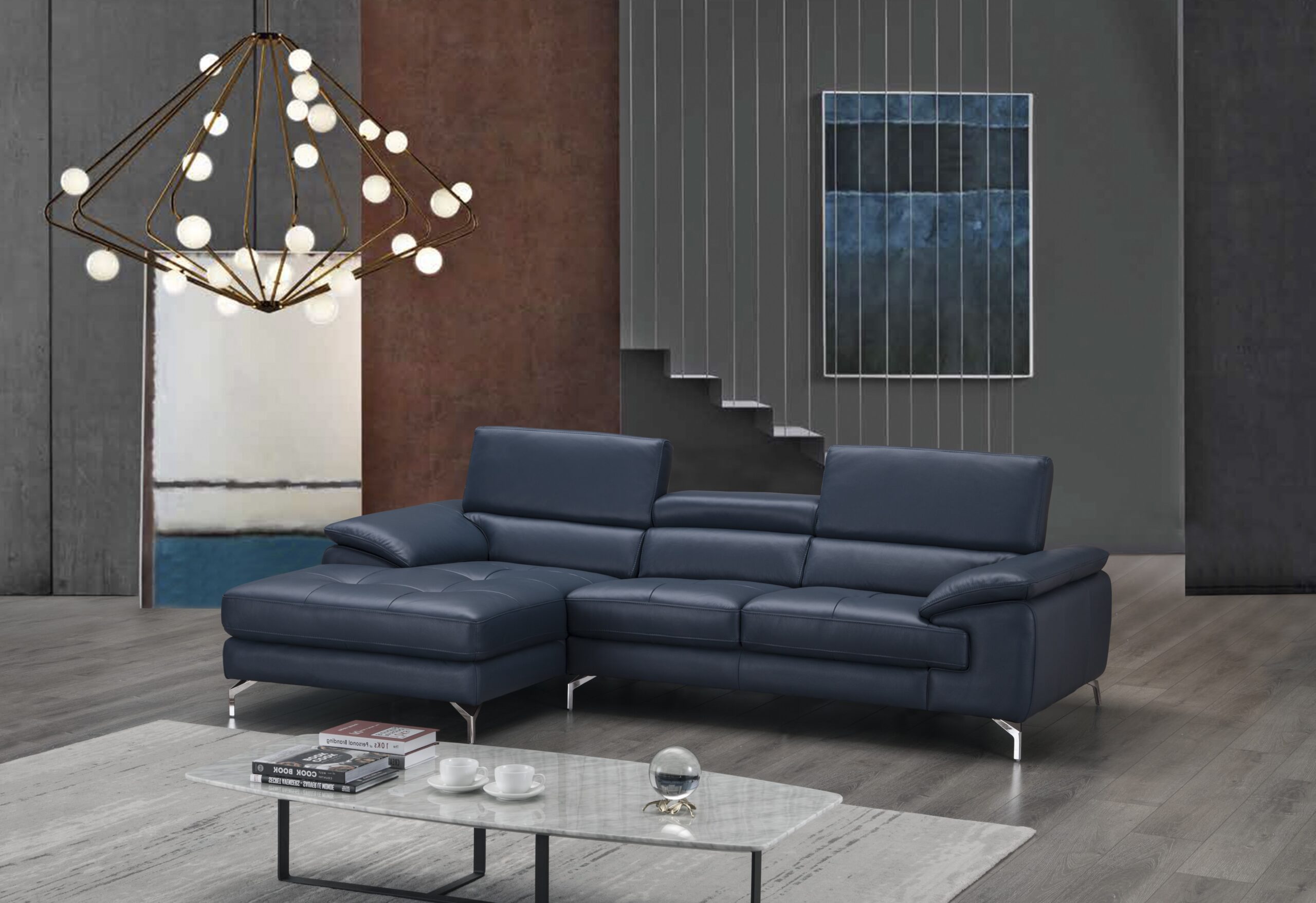 A973B Italian Leather Mini Sectional Left Facing Chaise in Blue