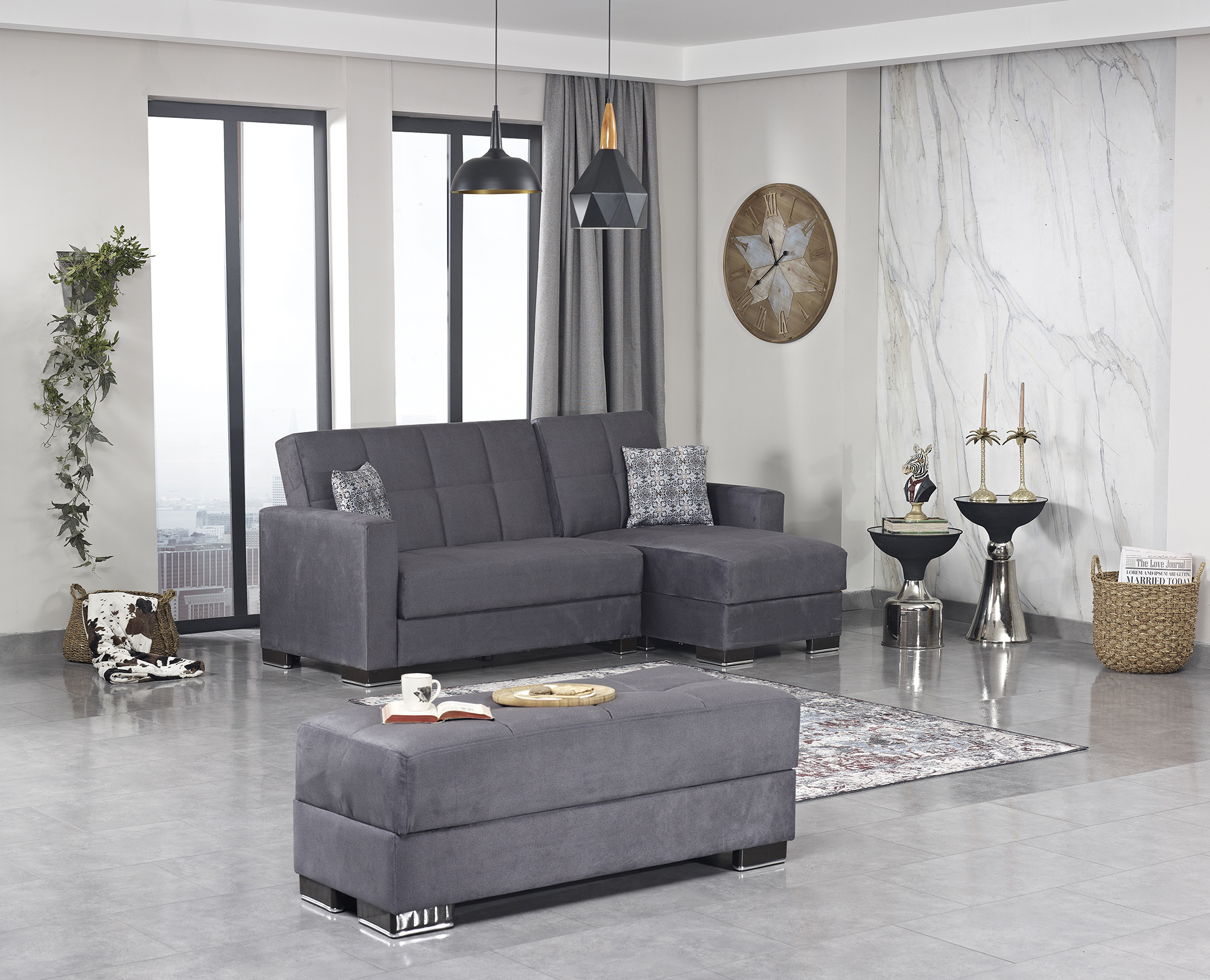 Ottomanson Armada Collection Upholstered Ottoman with Storage, Grey Microfiber