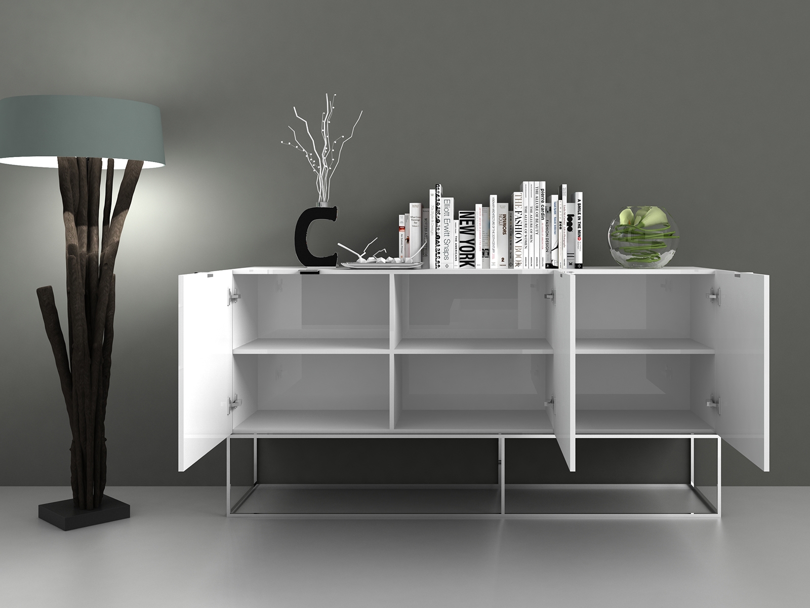 Vizzione buffet in taupe high gloss with storage.