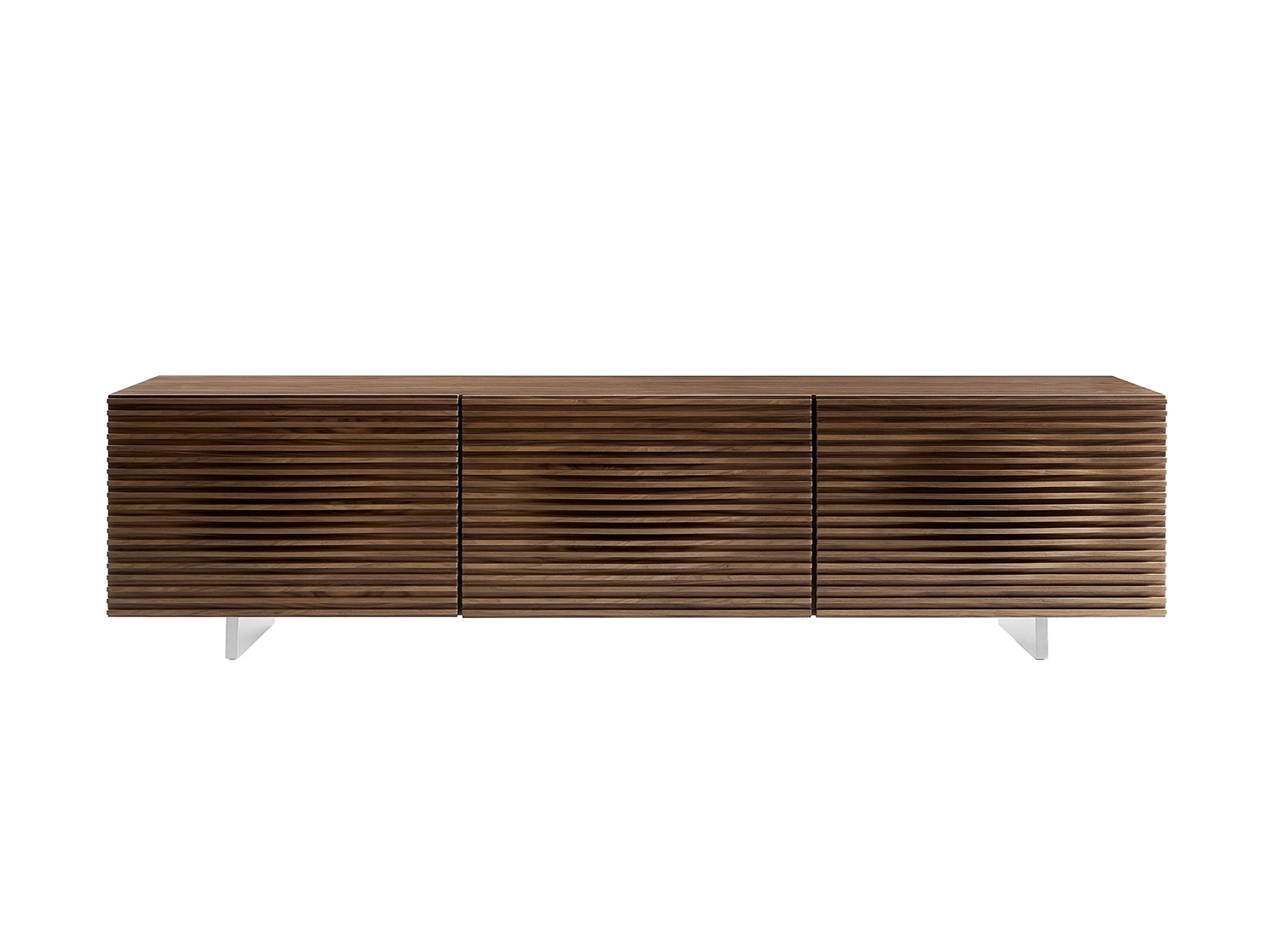 Moon entertainment center in walnut veneer with storage.