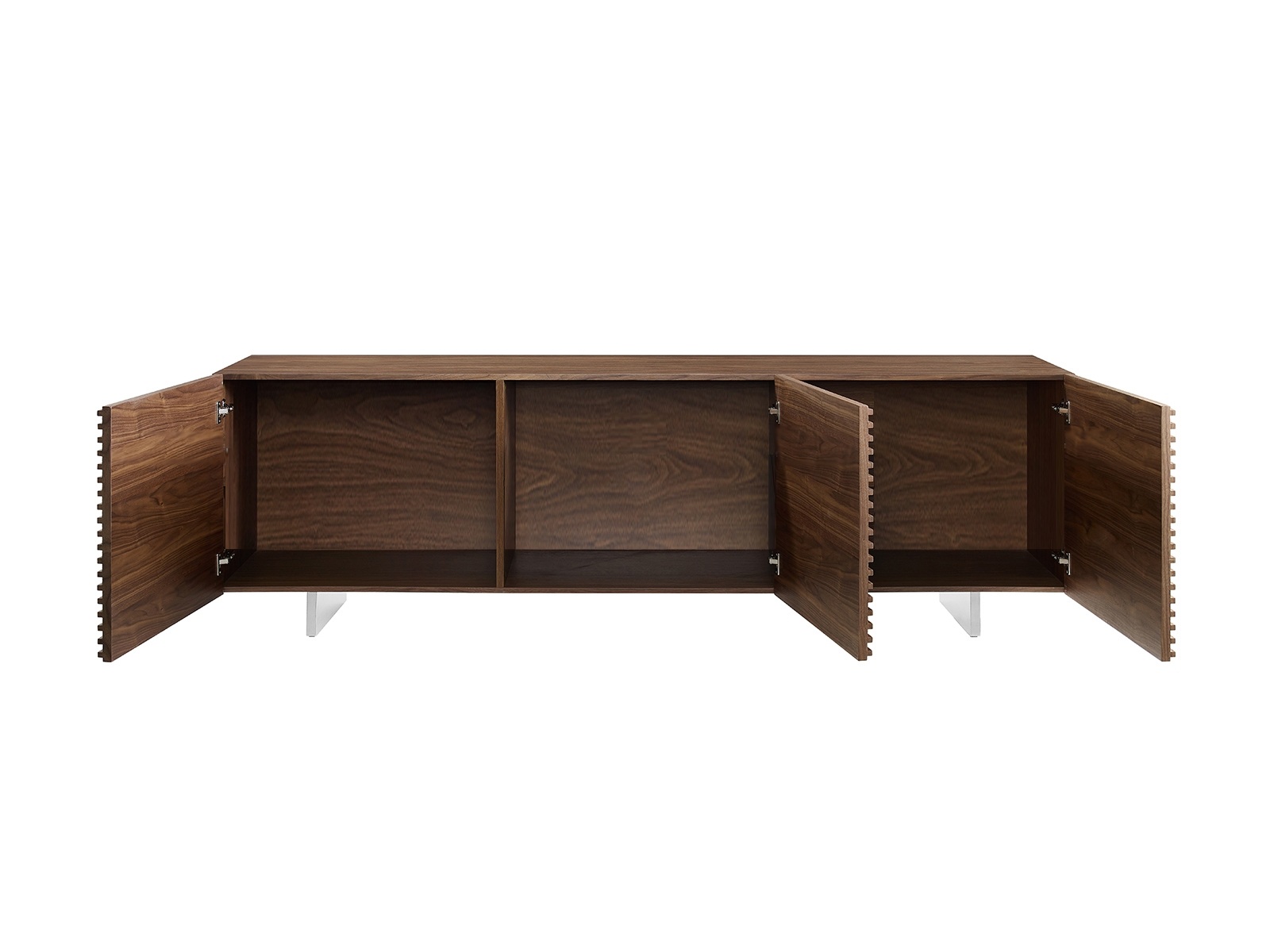 Moon entertainment center in walnut veneer with storage.
