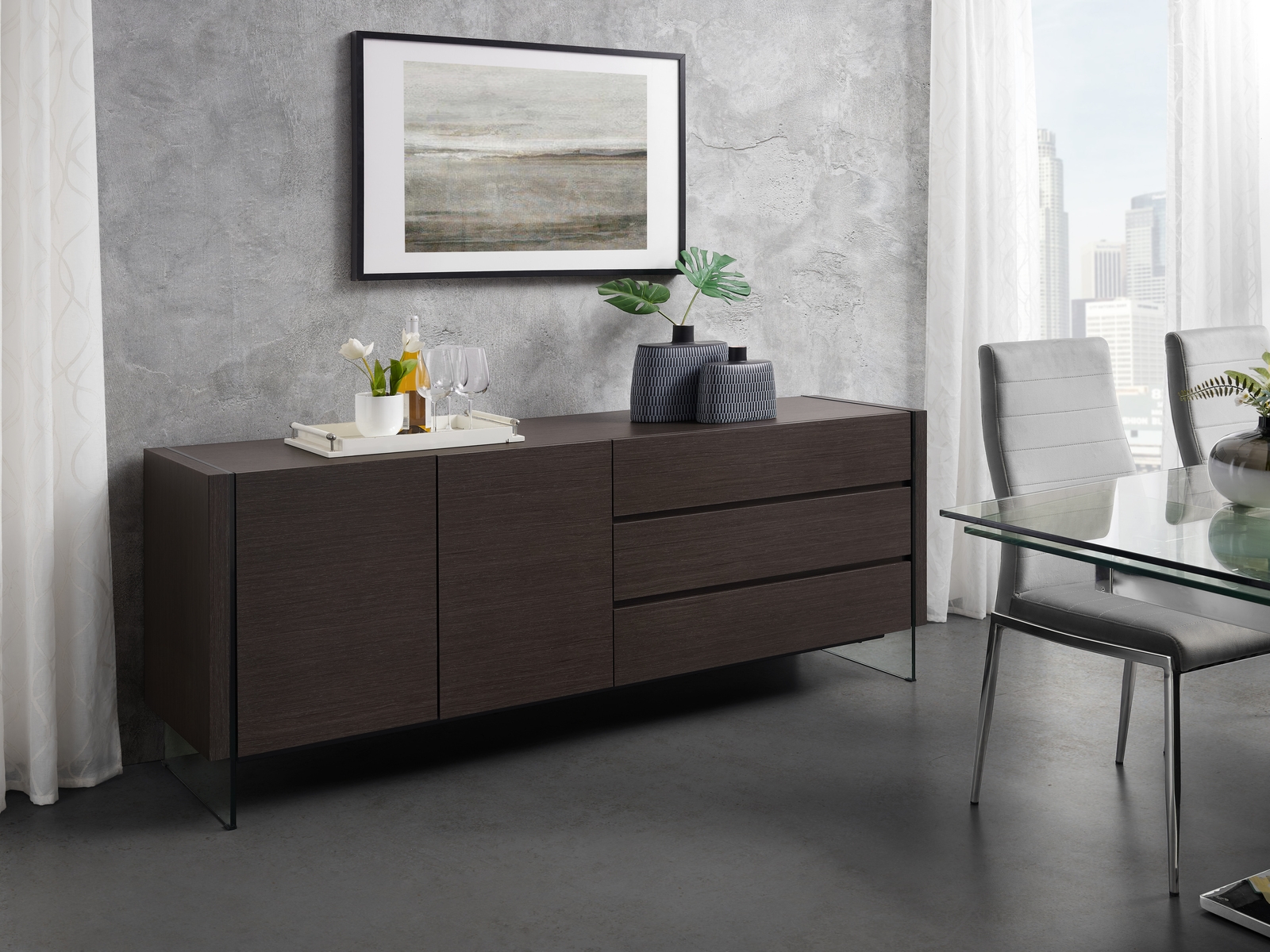 Il Vetro buffet in gray oak veneer with storage.