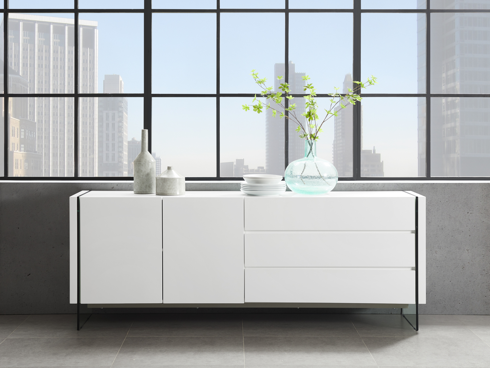 Il Vetro buffet in gray oak veneer with storage.