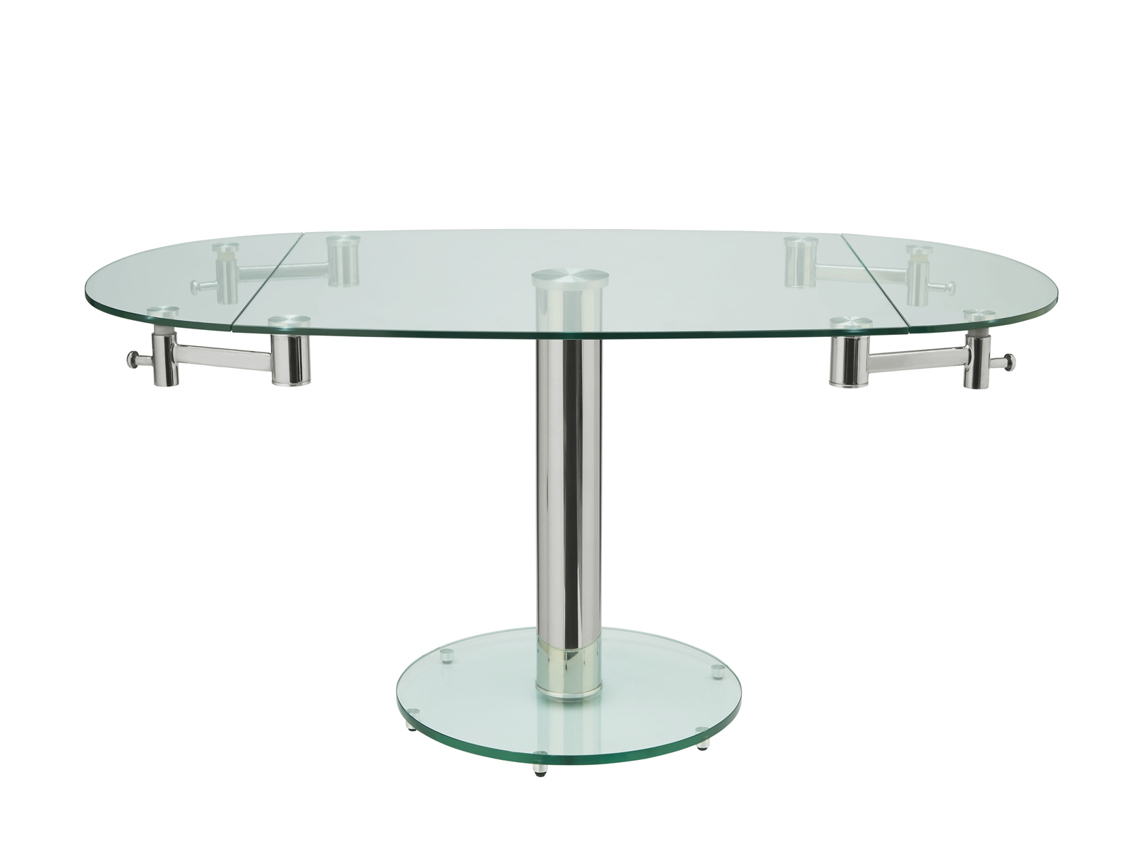 Thao manual dining table with stainless base and clear top.