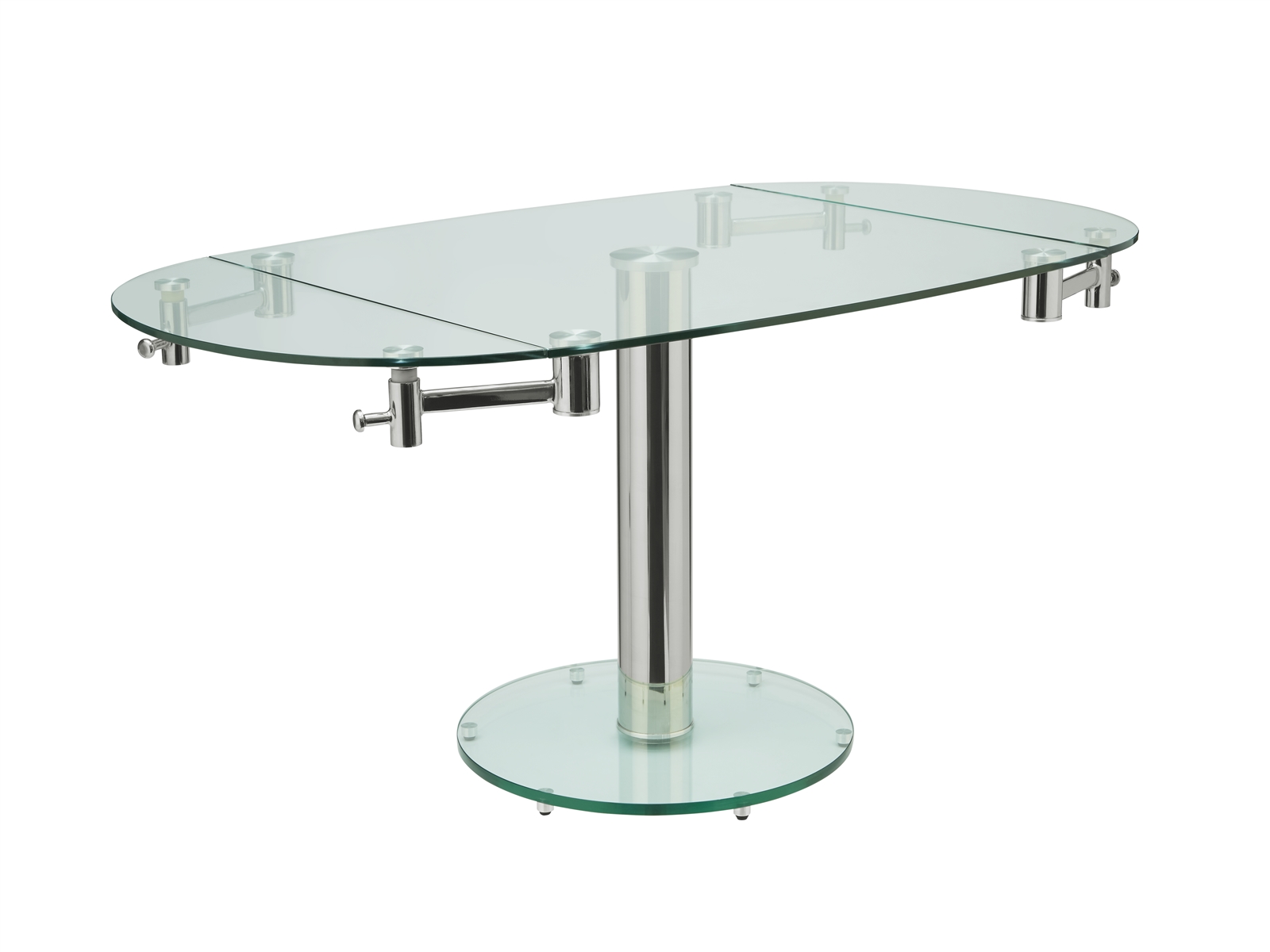 Thao manual dining table with stainless base and clear top.