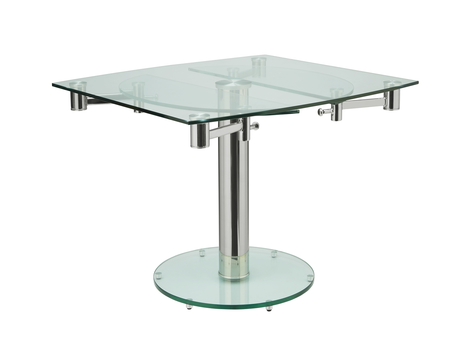 Thao manual dining table with stainless base and clear top.