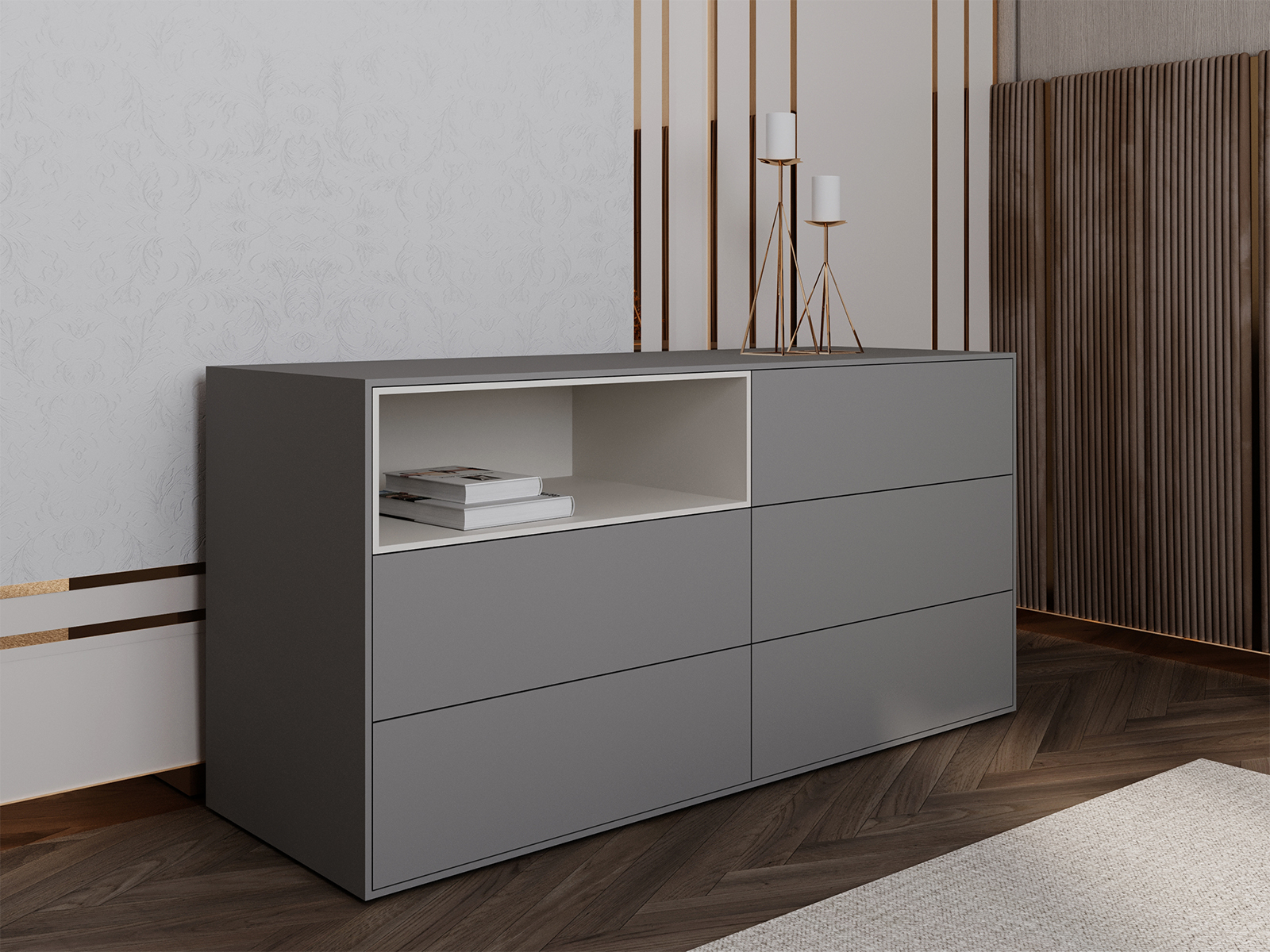 Carter dresser in taupe matte.