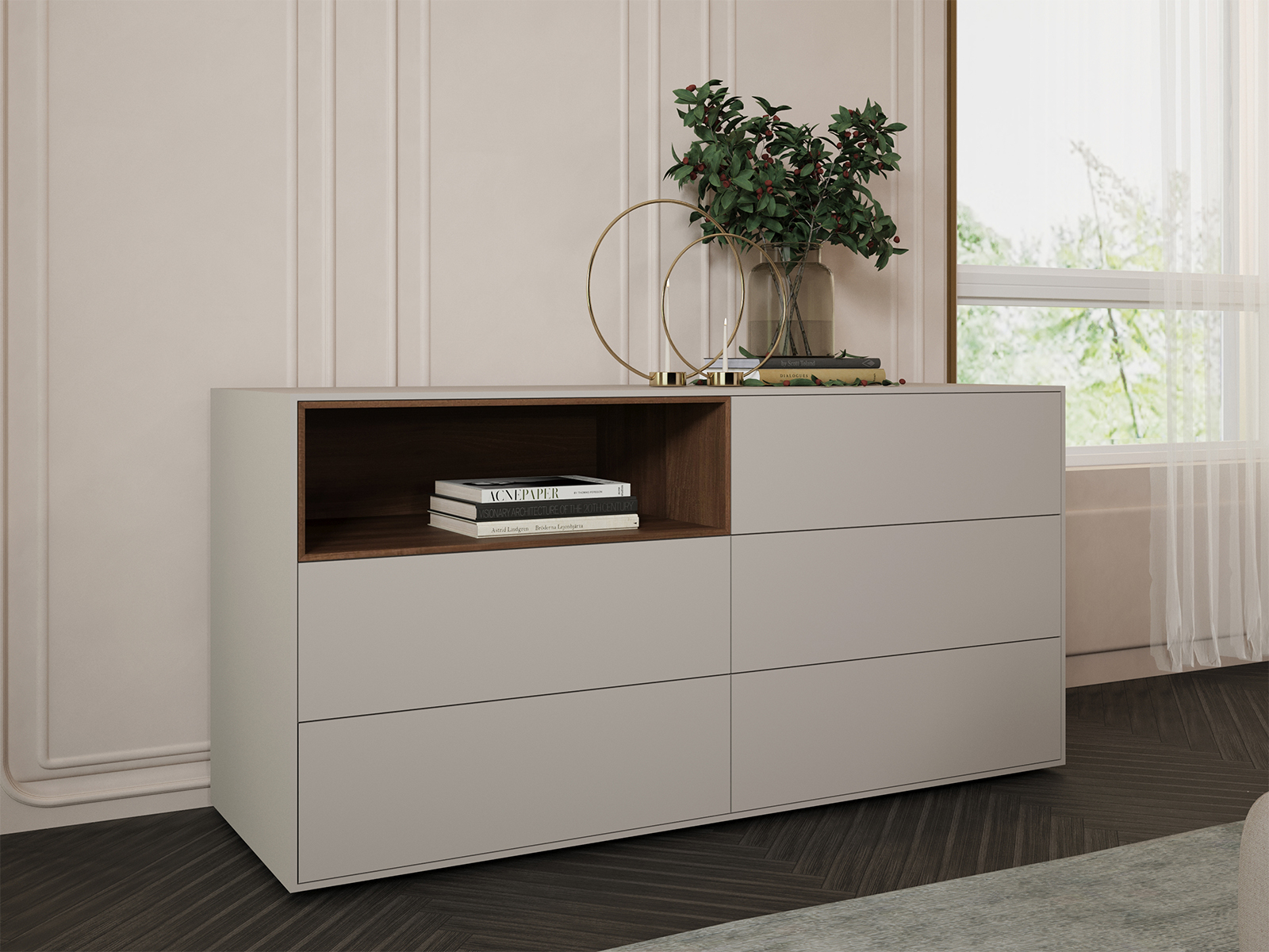 Carter dresser in taupe matte.