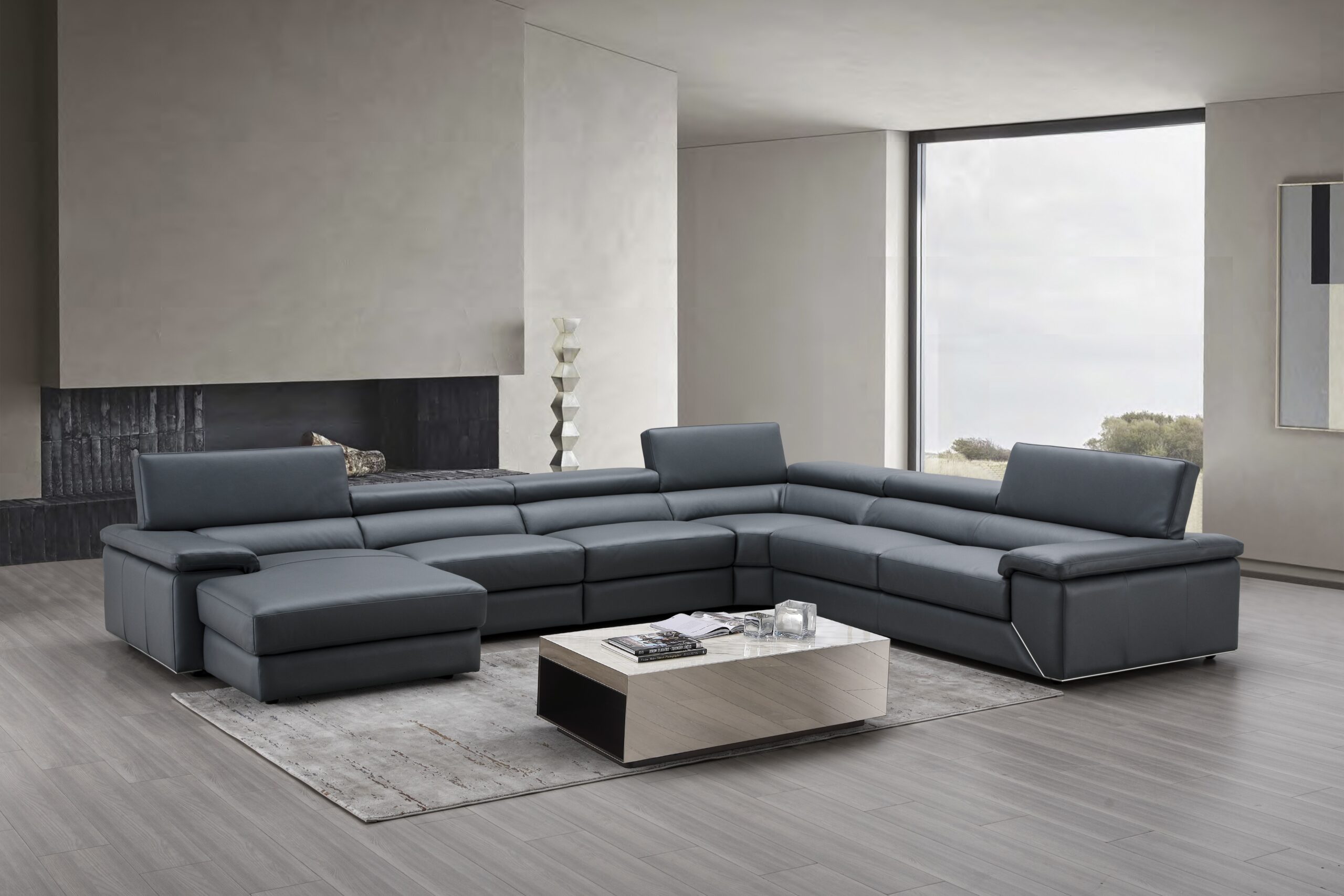 Kobe Left Facing Leather Sectional in Blue Grey
