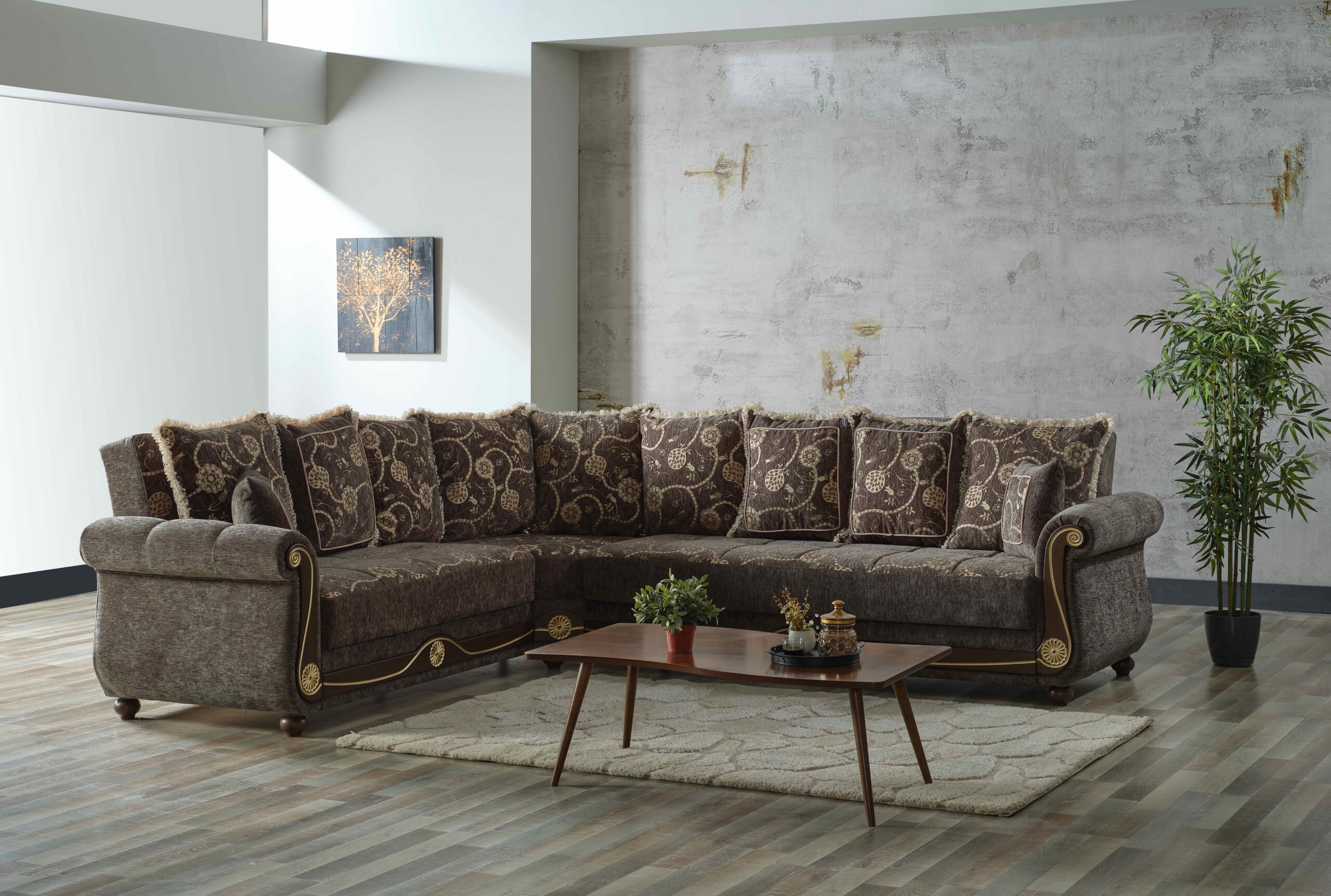 Ottomanson Americana Collection Upholstered Convertible Sectional with Storage, Beige