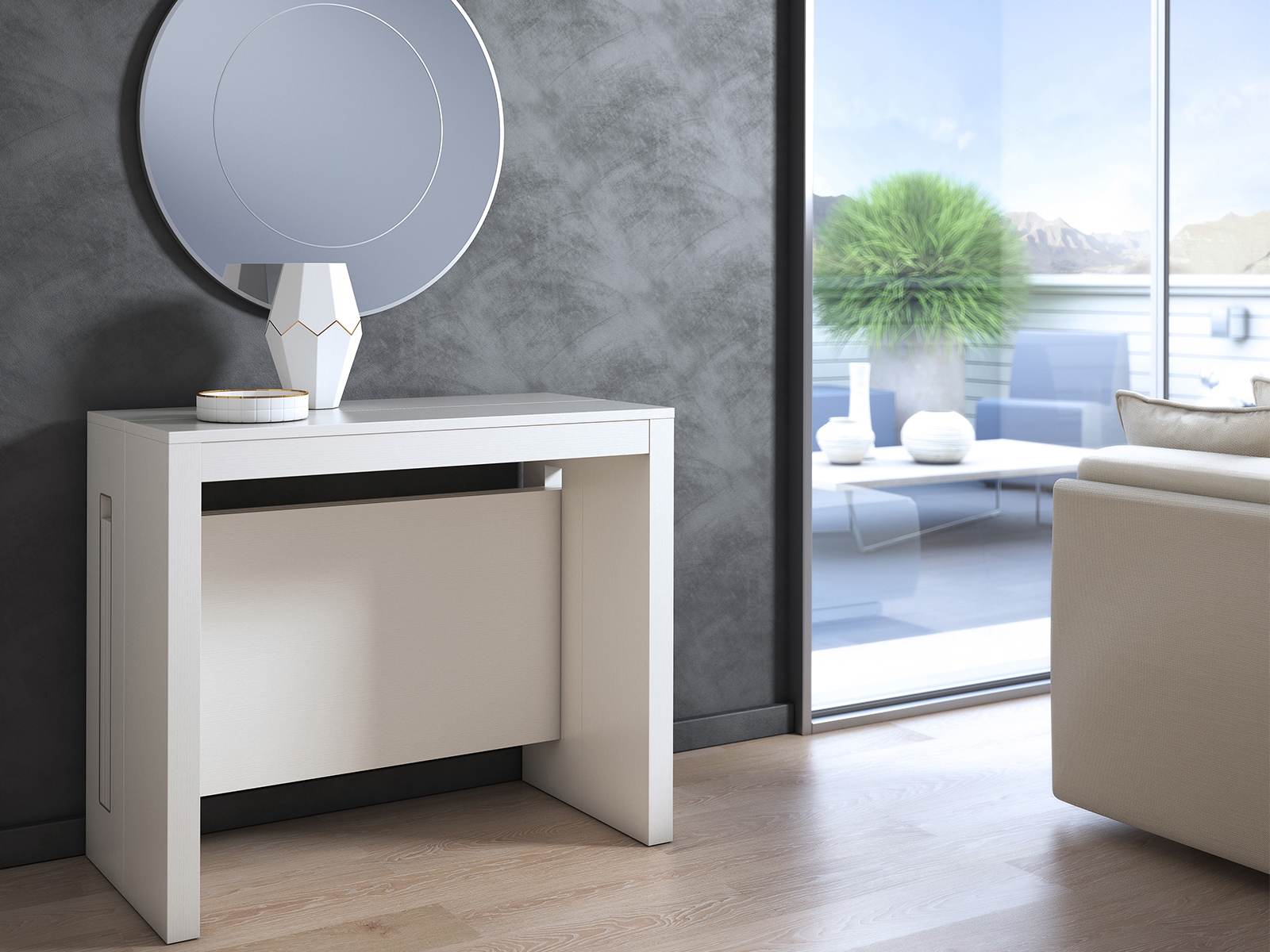Elasto extendable console table in white melamine.