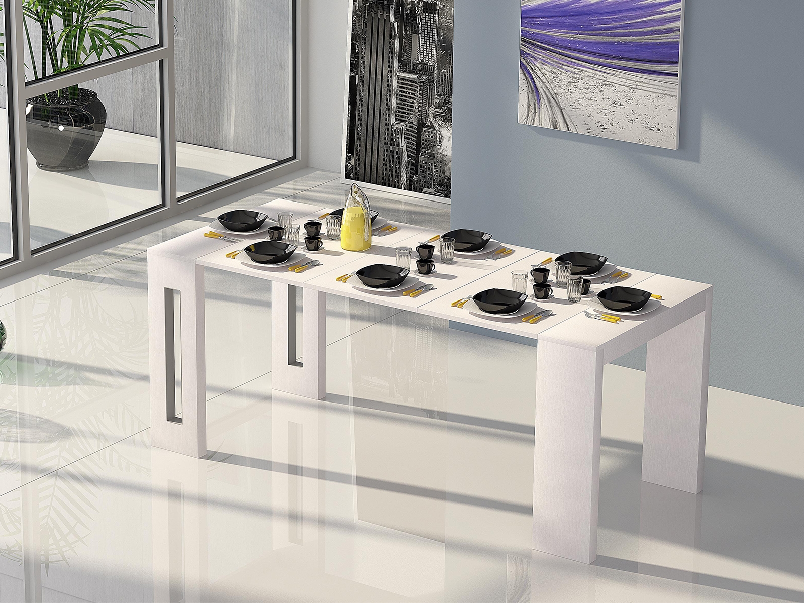 Elasto extendable console table in white melamine.