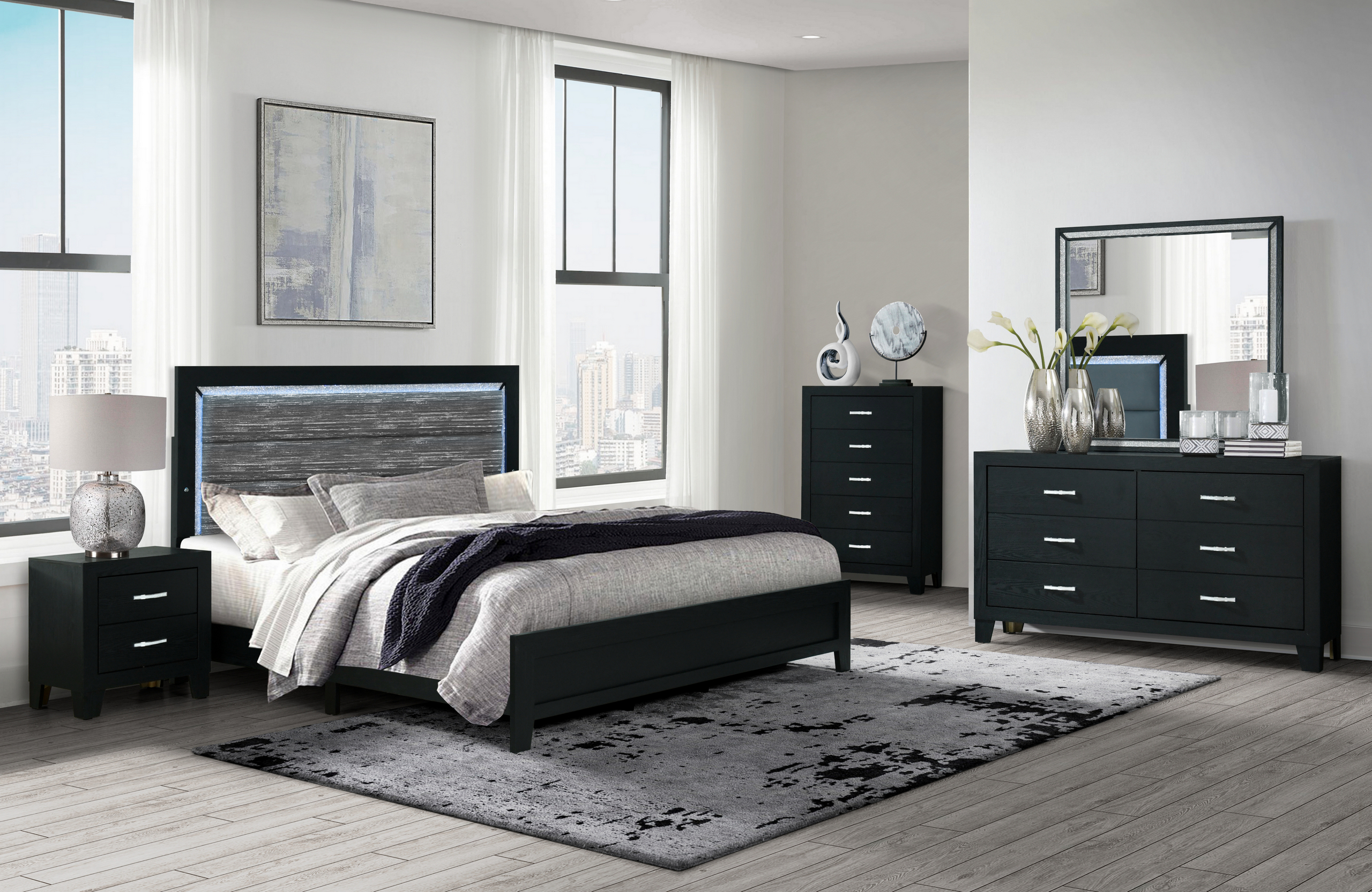 REID BLACK FULL BED GROUP WITH LED