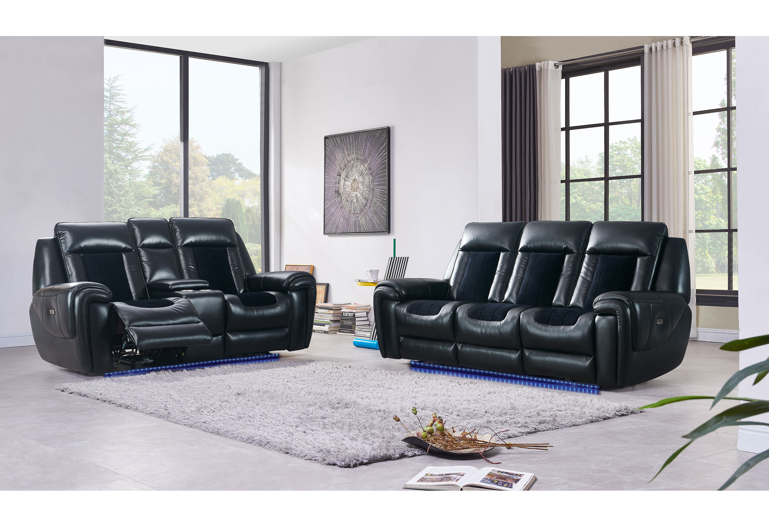 U0700 BLANCHE BLACK/VELVET POWER RECLINING SOFA WITH LED