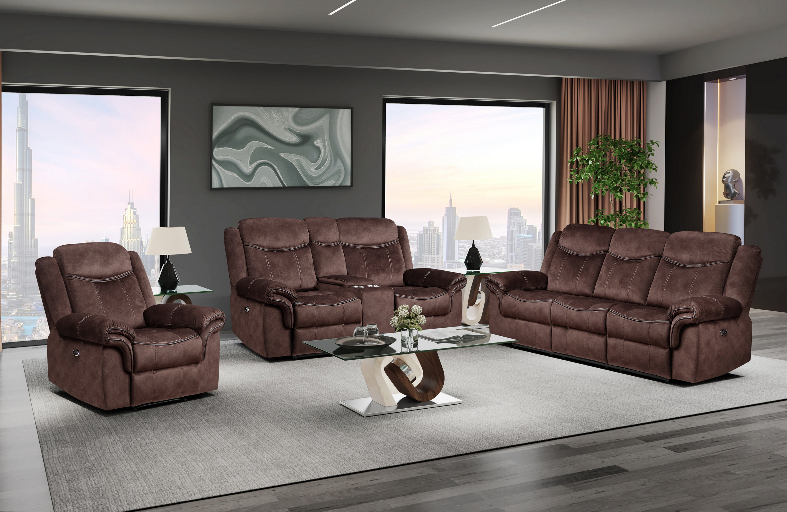 U2200 DOMINO COFFEE POWER RECLINING SOFA/POWER CONSOLE RECLINING LOVESEAT WITH POWER SWITCH/POWER RECLINER