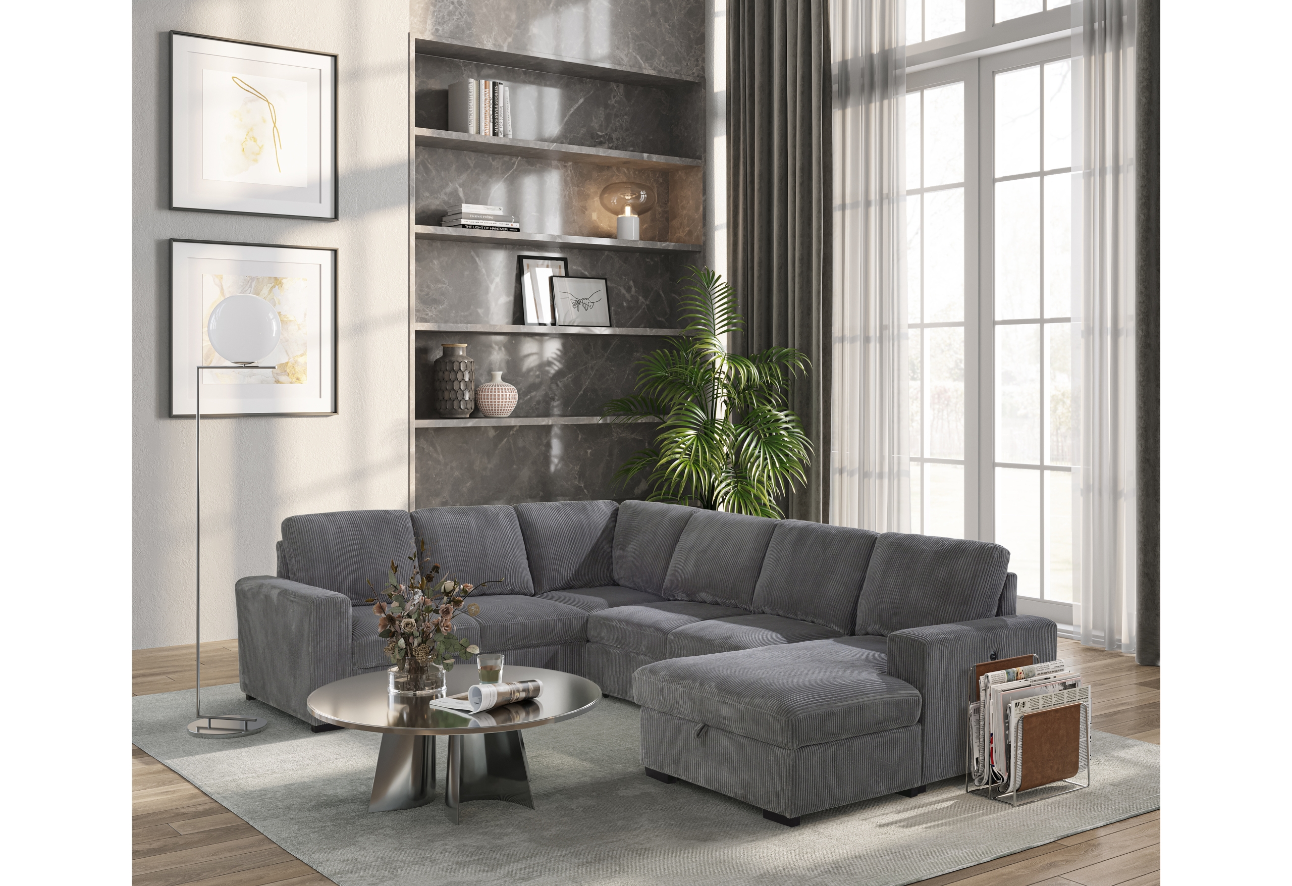 U2660 GREY SECTIONAL W/PULL OUT