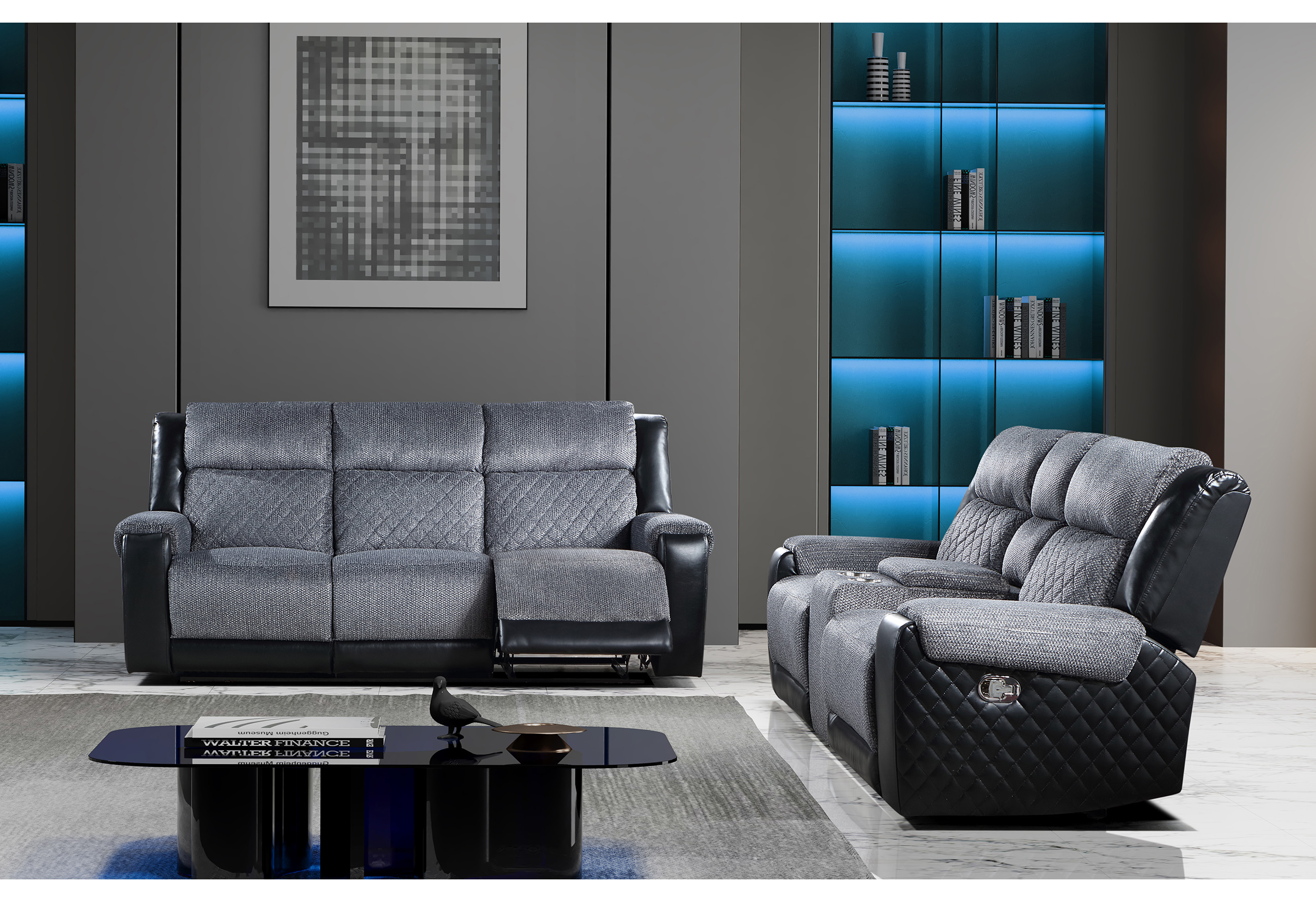 U5914 GREY/BLACK RECLINING SOFA/CONSOLE RECLINING LOVESEAT