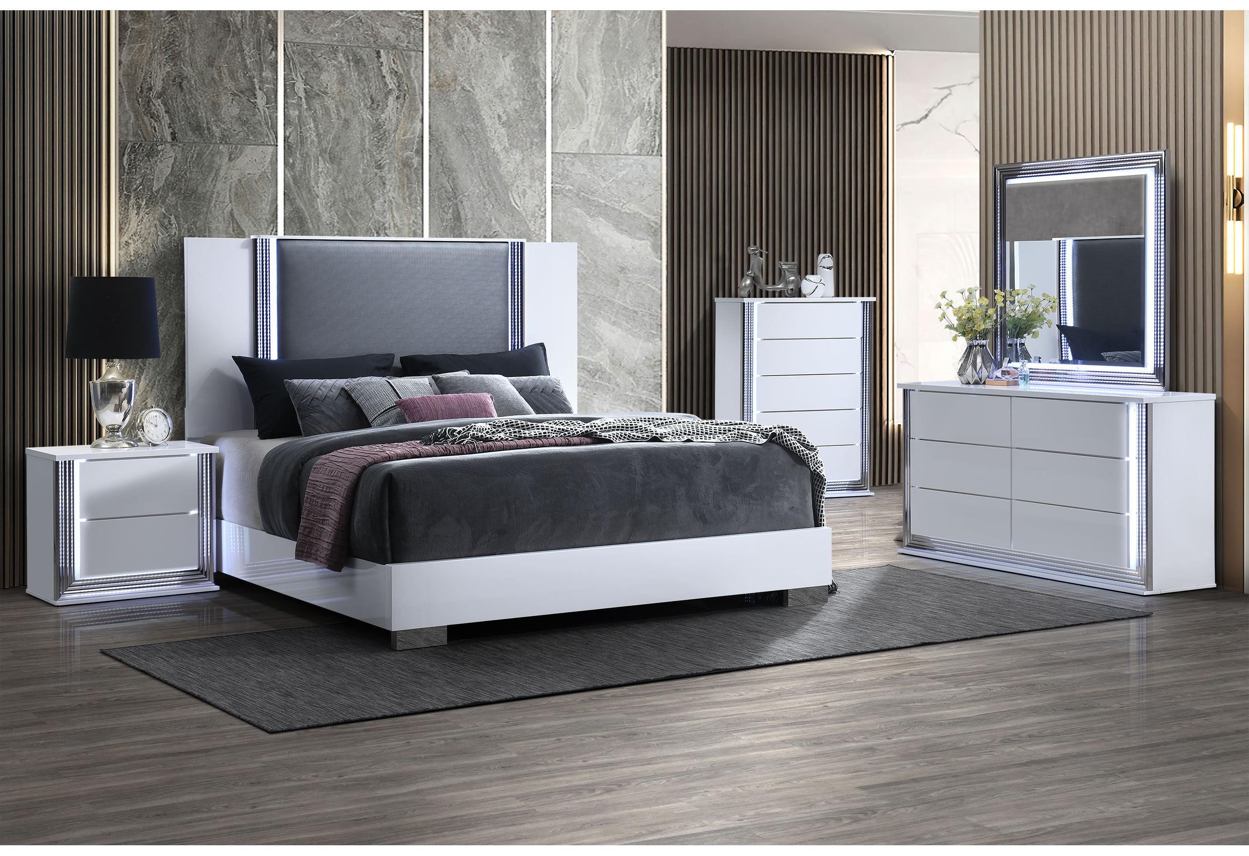 YLIME SMOOTH WHITE KING BED WITH LED FULLY SLATTED