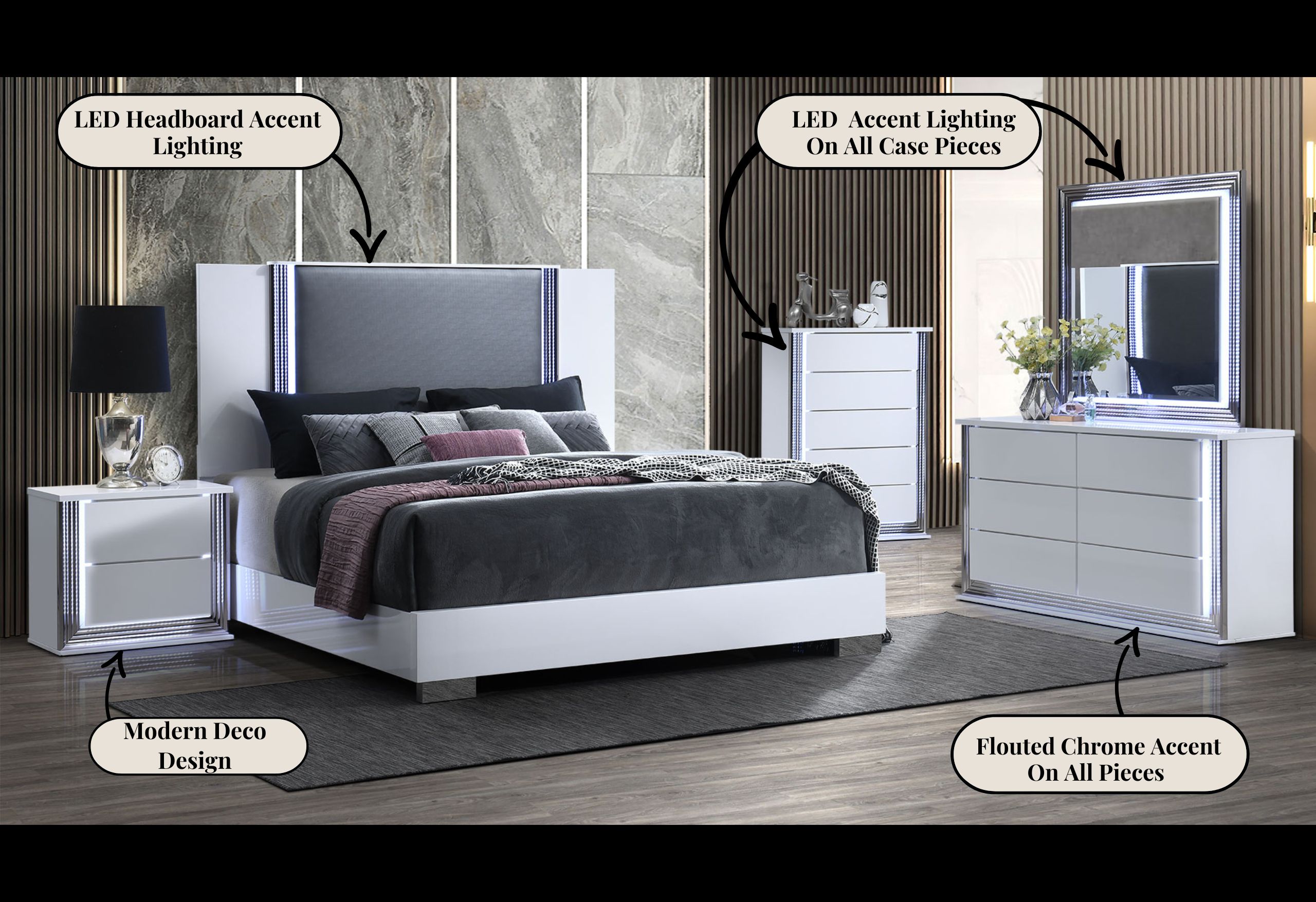 YLIME SMOOTH WHITE KING BED GROUP FULLY SLATTED