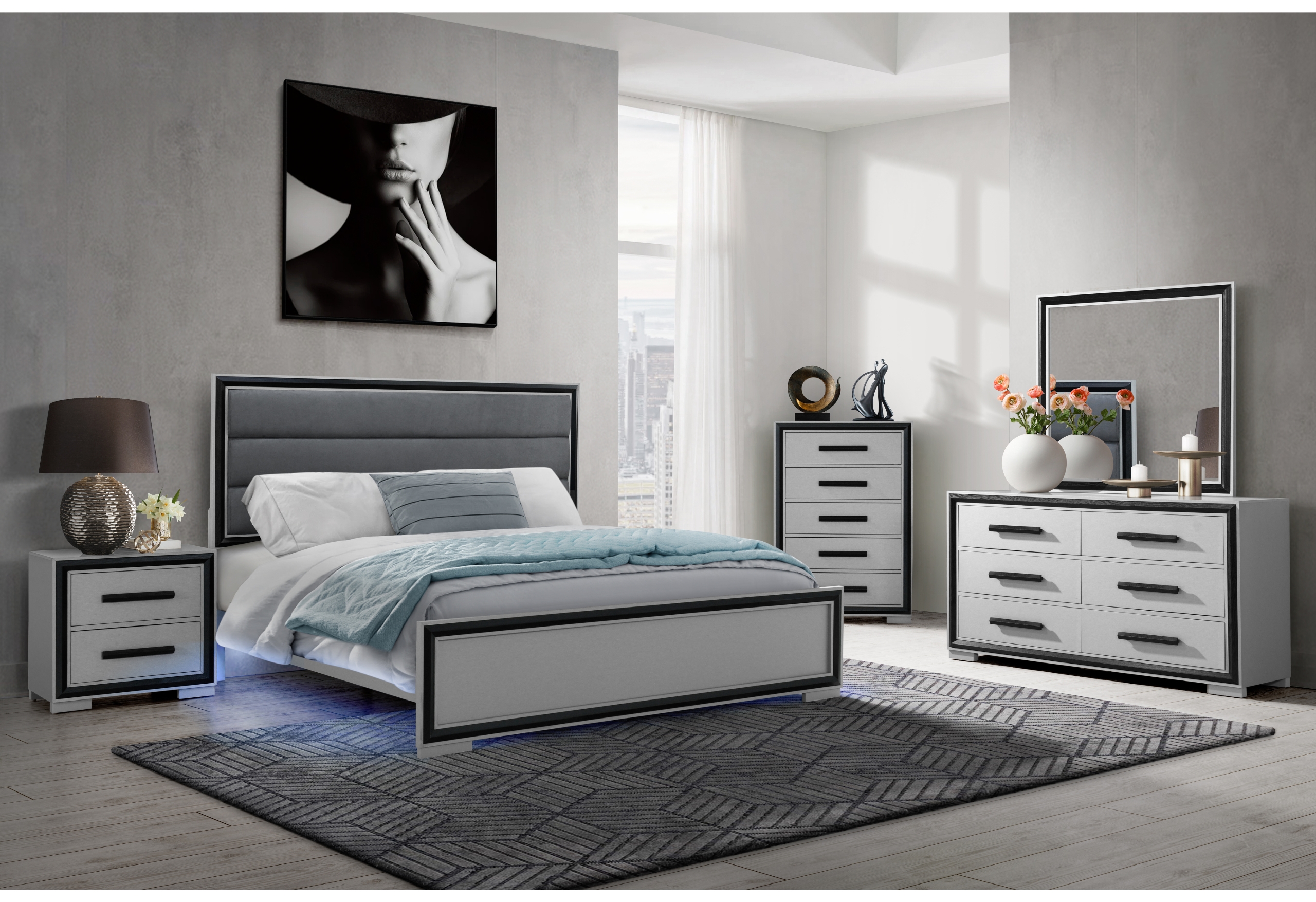 AMELIA GREY/BLACK QUEEN BED, DRESSER, MIRROR AND NIGHTSTAND