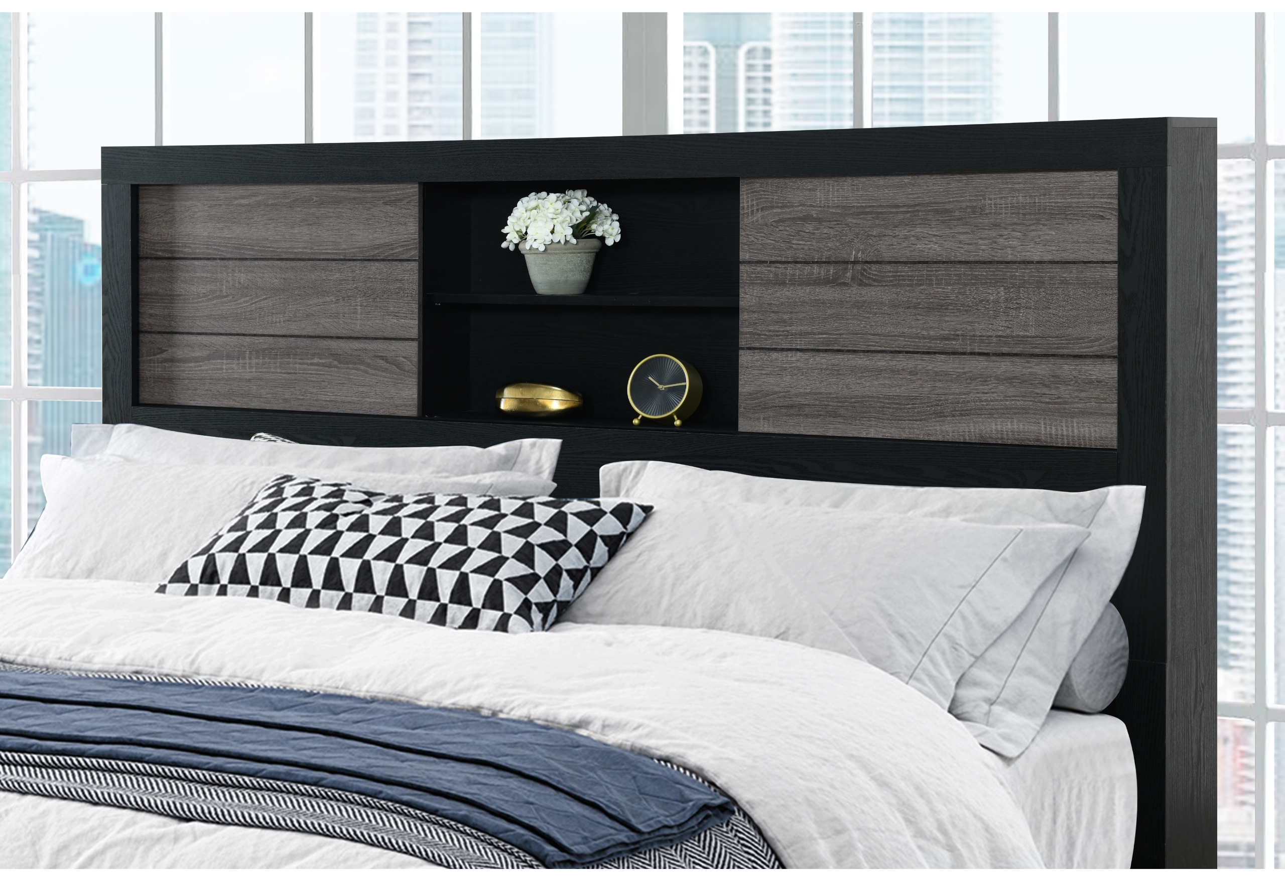 LISBON GREY/BLACK BOOKCASE QUEEN BED GROUP