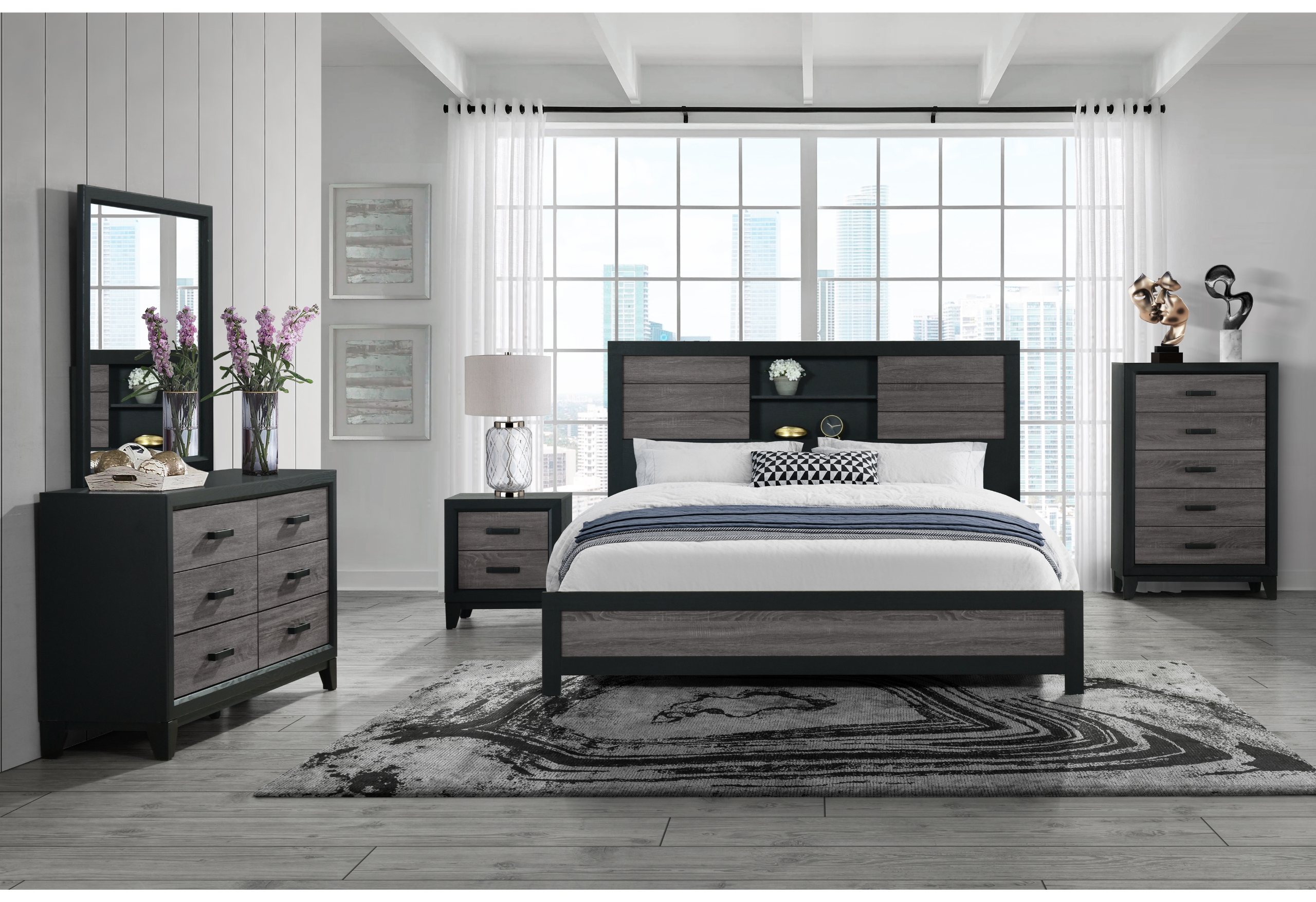 LISBON GREY/BLACK BOOKCASE QUEEN BED GROUP