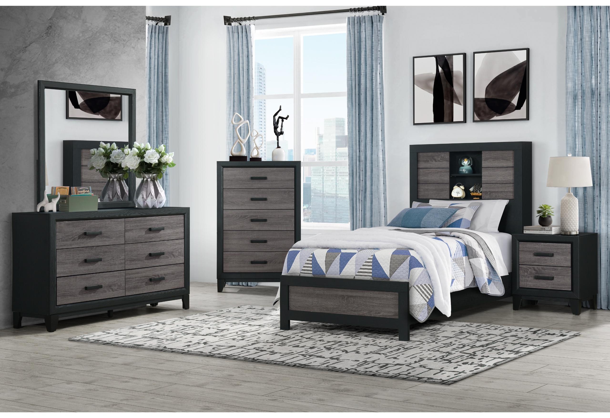 LISBON GREY/BLACK BOOKCASE TWIN BED GROUP